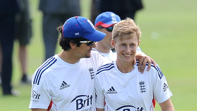 Alastair Cook and Joe Root of England share a joke before the LV=Challenge Day 2 match between Essex and England at Ford County Ground on July 01, 2013 in Chelmsford, England