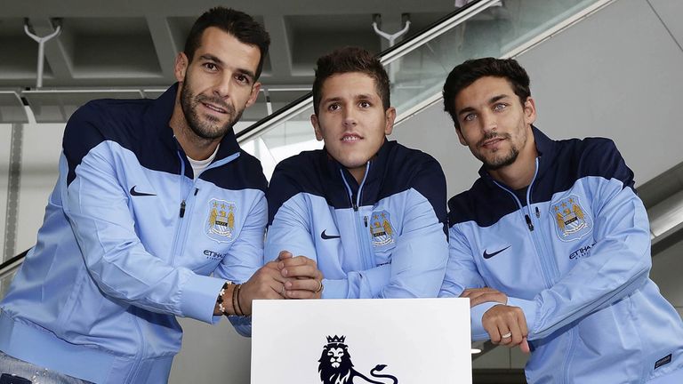 Newly signed Manchester City players Alvaro Negredo, Stevan Jovetic and Jesus Navas 