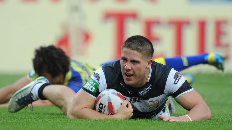 Tom Lineham of Hull FC goes over for a try during the Tetley's Challenge Cup Semi Final between Hull FC and Warrington Wolves at John Smith's Stadium