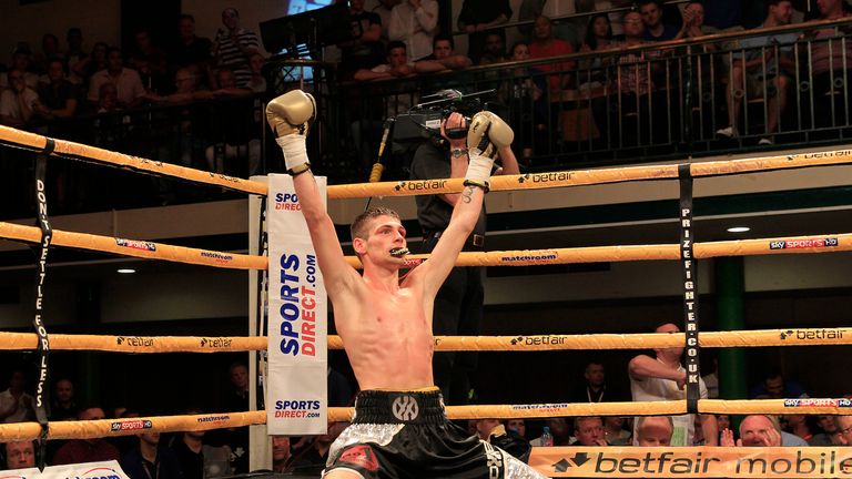 Chris Jenkins drops to his knees after winning Prizefighter - light-welterweights III at the York Hall in Bethnal Green (Photo courtesy of Lawrence Lustig)