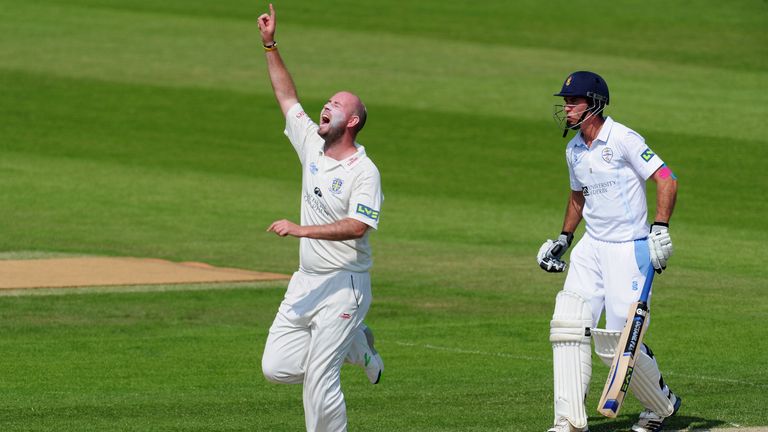Durham bowler Chris Rushworth celebrates after taking the wicket of Derbyshire batsman Richard Johnson (not pictured) during day two of the LV County Championship division One match between Durham and Derbyshire at The Riverside on July 09, 2013 in Chester-le-Street, England