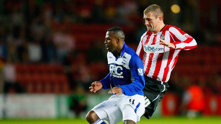 Christian Benitez of Birmingham City and Chris Perry of Southampton battle for the ball during the Carling Cup second round match 2009.