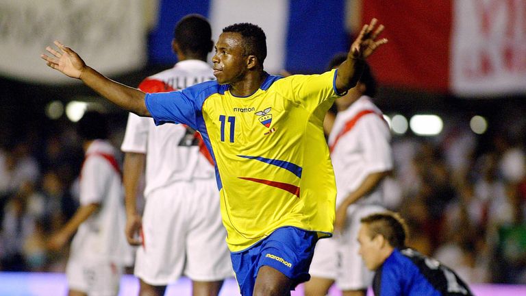 Ecuador's Christian Benitez celebrates after scoring against Peru during their international friendly football match.