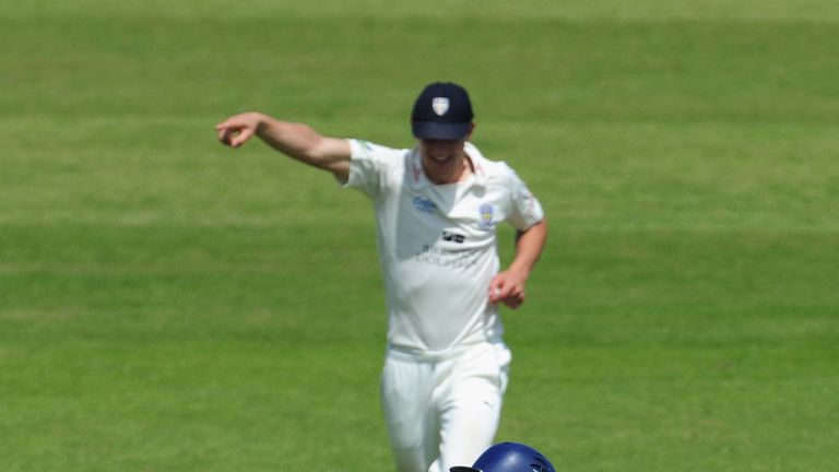 Durham fielder Scott Borthwick celebrates as Derbyshire batsman Shivnarine Chanderpaul departs during day two of the LV County Championship division One match between Durham and Derbyshire at The Riverside.