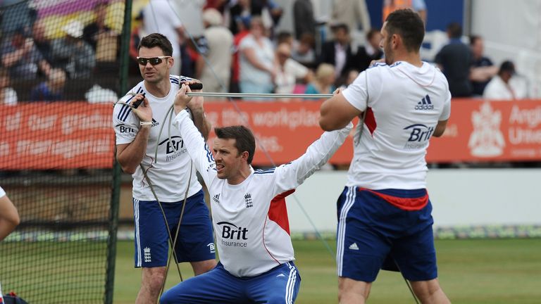 Graeme Swann of England warms up before the third day of the LV= Challenge match between Essex and England at The Ford County Ground on July 2, 2013 in Chelmsford, England