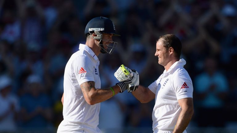 NOTTINGHAM, ENGLAND - MAY 26:  England captain Andrew Strauss (R) celebrates with Kevin Pietersen after reaching his century  during day two of the second Test match between England and the West Indies at Trent Bridge on May 26, 2012 in Nottingham, England.  (Photo by Gareth Copley/Getty Images)