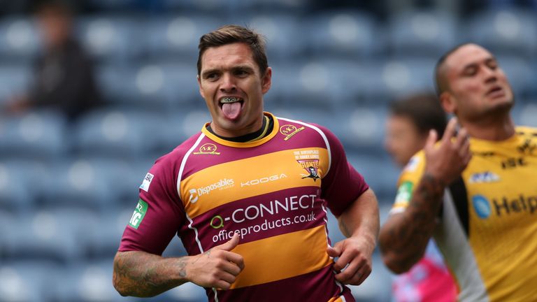 Huddersfield Giant's Danny Brough celebrates a try during the Super League match against Castleford