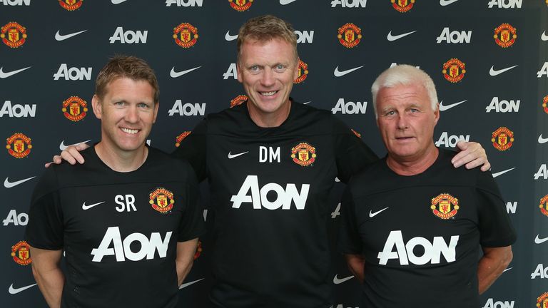 Steve Round, David Moyes and Jimmy Lumsden at Carrington Training Ground on July 1, 2013 in Manchester, England.
