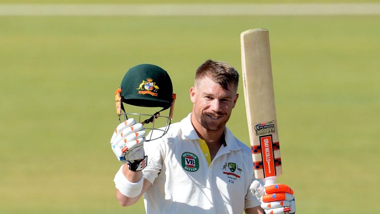 David Warner of Australia A celebrates his century during day one of their match against South Africa.