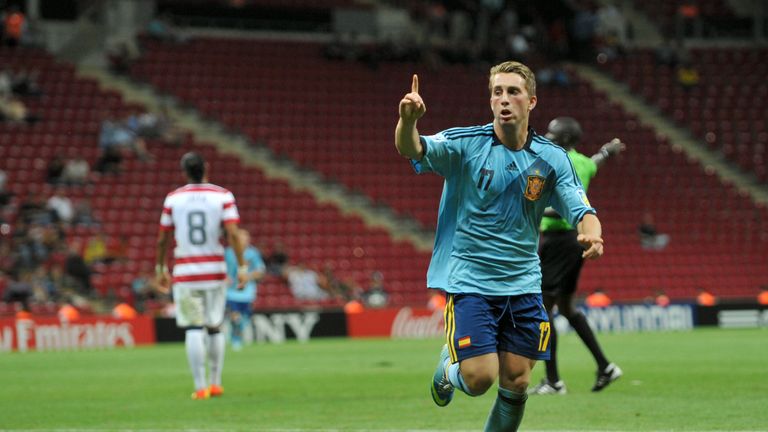Spain's Gerard Deulofeu celebrates after scoring a goal during a group stage football match between Spain and the United States at the FIFA Under 20 World Cup at the TT Arena stadium in Istanbul on June 21, 2013.   AFP PHOTO / OZAN KOSE        (Photo credit should read OZAN KOSE/AFP/Getty Images)