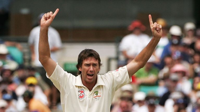 Glenn McGrath of Australia celebrates taking the wicket of Paul Collingwood of England during day two of the fifth Ashes Test Match between Australia and England at the Sydney Cricket Ground on January 3, 2007 in Sydney, Australia