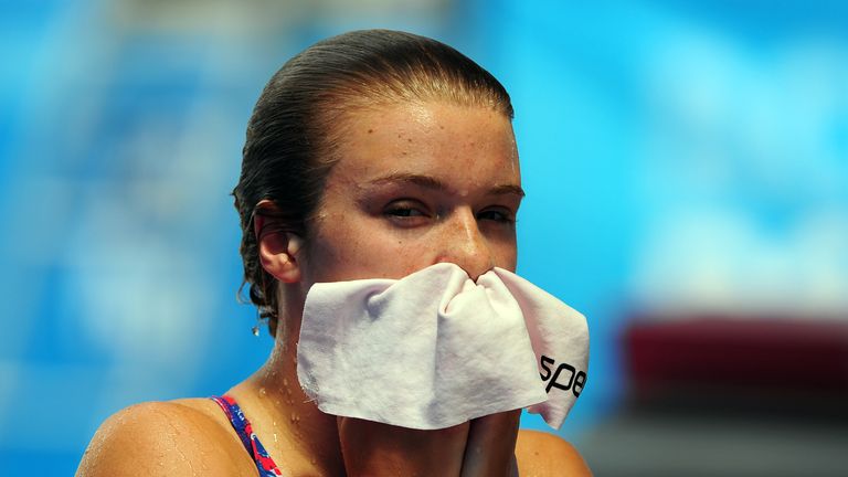 Britain's Hannah Starling leaves the pool after a dive in the women's 3-metre springboard semi-final diving event in the FINA World Championships at the Piscina Municipal de Montjuic in Barcelona