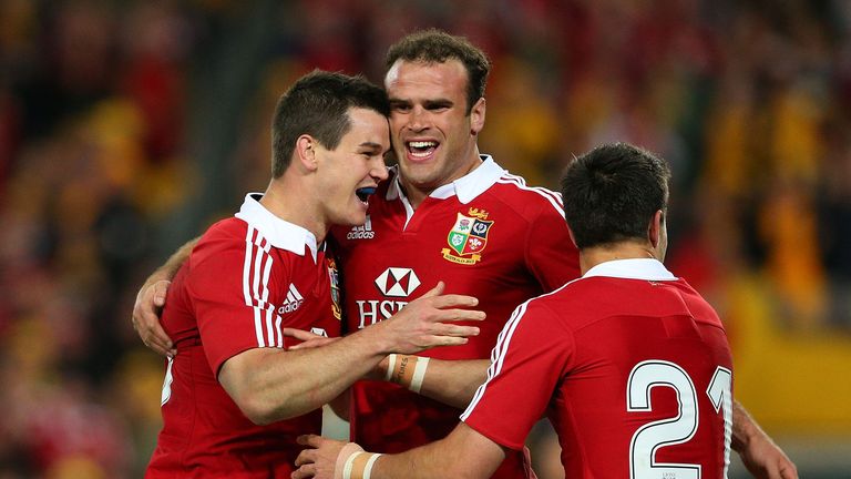 Jonathan Sexton of the Lions celebrates scoring a try during the International Test match between the Australian Wallabies and British & Irish Lions at ANZ Stadium on July 6, 2013 in Sydney, Australia