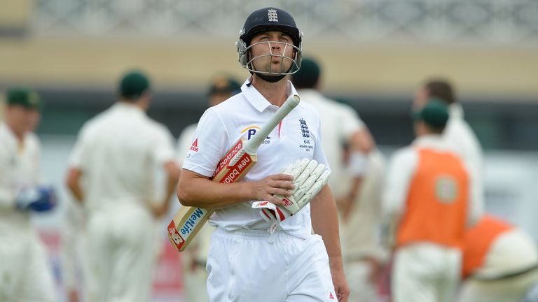 England's Jonathan Trott leaves the pitch following his dismissal during the first day of the first Ashes Test against Australia