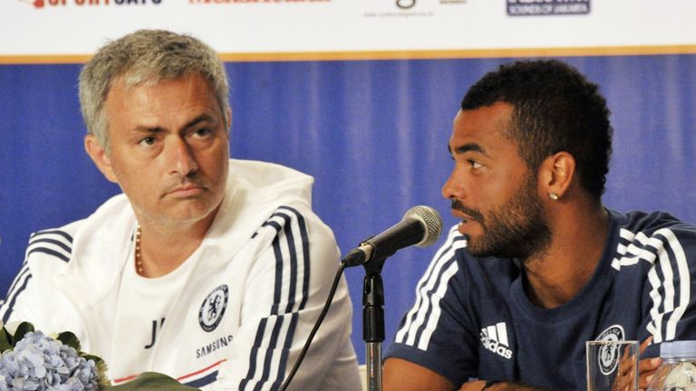 Chelsea manager Jose Mourinho listens as Ashley Cole speaks 