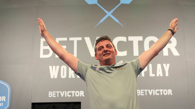 Justin Pipe celebrates beating Raymond van Barneveld at the World Matchplay in Blackpool.