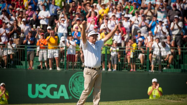 Kenny Perry celebrates after winning the 2013 US Senior Open Championship at Omaha Country Club