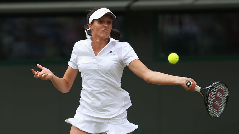 Laura Robson of Great Britain plays a forehand during her Ladies' Singles fourth round match against Kaia Kanepi of Estonia on day seven of the Wimbledon Lawn Tennis Championships at the All England Lawn Tennis and Croquet Club on July 1, 2013 in London, England.