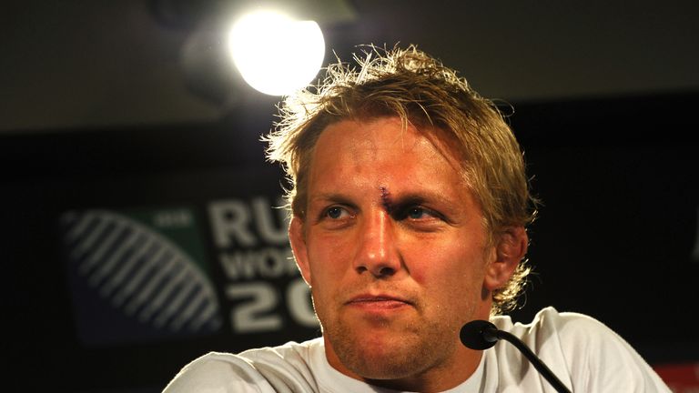England's flanker Lewis Moody speaks during a press conference after the 2011 Rugby World Cup quarter-final match France vs England at Eden Park