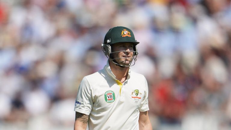 Michael Clarke of Australia walks back after being dismissed during day four of the second Ashes Test