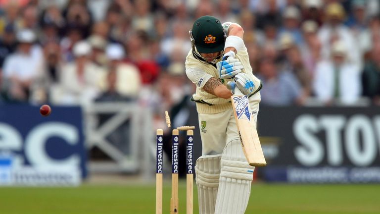 Australia's Michael Clarke is bowled out by England's James Anderson on the first day of the first test of the 2013 Ashes series between England and Australia at Trent Bridge in Nottingham, central England on July 10,
