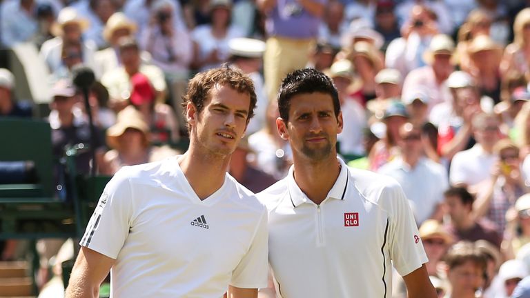 LONDON, ENGLAND - JULY 07:  Andy Murray of Great Britain and Novak Djokovic of Serbia pose at the net on Centre Court before their Gentlemen's Singles Final match on day thirteen of the Wimbledon Lawn Tennis Championships at the All England Lawn Tennis and Croquet Club on July 7, 2013 in London, England.  (Photo by Clive Brunskill/Getty Images)