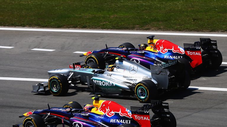 Sebastian Vettel (top) Lewis Hamilton (middle) and Mark Webber (bottom) go wheel-to-wheel