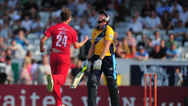 Lancashire bowler Tom Smith takes the wicket of Yorkshire batsman Andrew Gale in Friends Life T20 at Headingley.