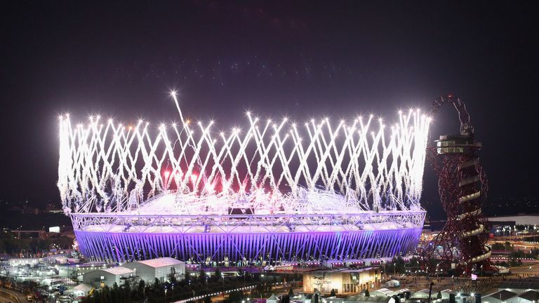 The Olympic Stadium illuminated during the Opening Ceremony of the London 2012 Olympic Games