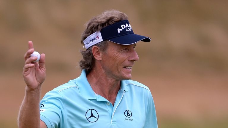 SOUTHPORT, ENGLAND - JULY 27:  Bernhard Langer of Germany celebrates his birdie on the par five 17th hole during the third round of The Senior Open Championship at Royal Birkdale on July 27, 2013 in Southport, England.  (Photo by Ross Kinnaird/Getty Images)