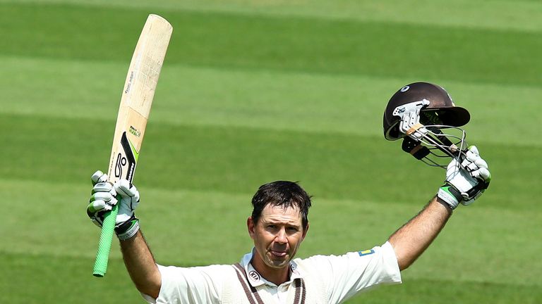 Ricky Ponting of Surrey celebrates and acknowledges the crowd as he reaches his century during the LV County Championship match between Surrey and Nottinghamshire at The Kia Oval