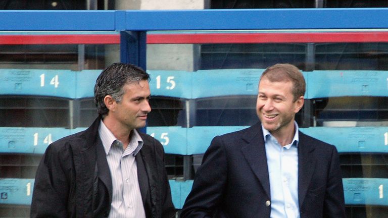 Jose Mourinho talks with Chelsea owner Roman Abramovich  before the Barclays Premiership match between Crystal Palace and Chelsea at Selhurst Park