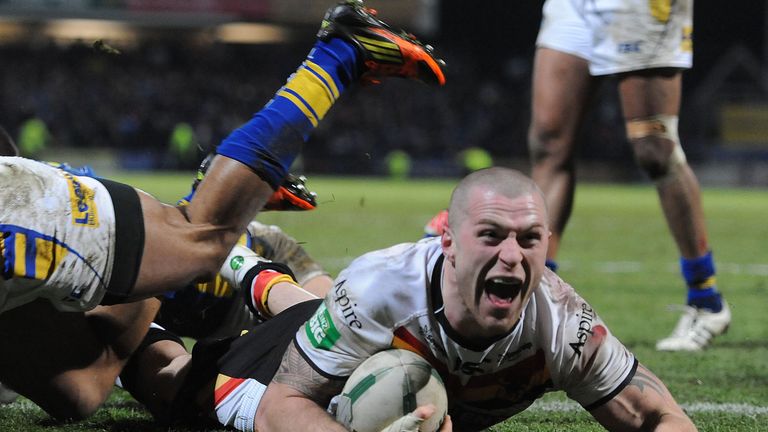 Bradford Bulls' Adam Sidlow goes over to score a try in the final seconds during the Super League match at Headingley Carnegie