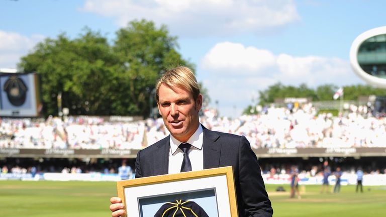 Shane Warne of Australia is inducted into the ICC Hall of Fame during day two of the 2nd Investec Ashes Test match between England and Australia at Lord's Cricket Ground