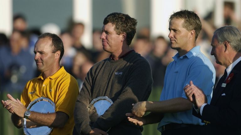 Play-off losers Thomas Levet, Steve Elkington and Stuart Appleby at the prize-giving ceremony
