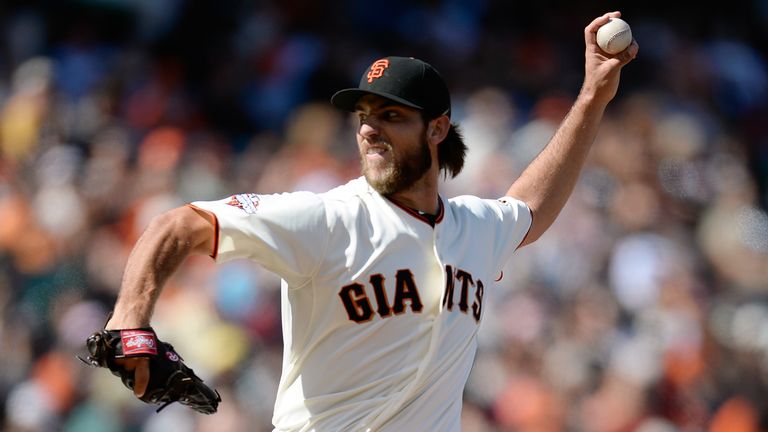 Madison Bumgarner of the San Francisco Giants pitches against the Los Angeles Dodgers at AT&T Park