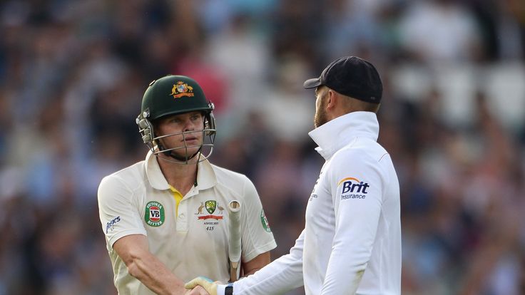 Steve Smith of Australia leaves the field after his 138 not out as he shakes the hand of England wicketkeeper Matt Prior during day two of the fifth Ashes Test.