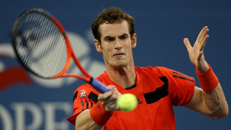 Murray of Great Britain plays a forehand during his mens singles first round match against Michael Llodra of France 