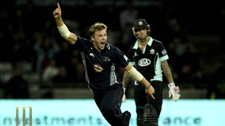 David Willey of Northamptonshire celebrates after taking the last wicket and getting a hat trick during The Friends Life T20 final