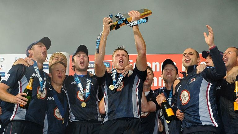 Willey holds aloft the Friends Life Trophy as Northants Steelbacks celebrate winning during the Friends Life T20 Final match between Surrey Lions v Northants 