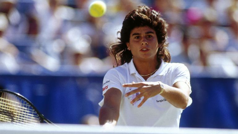 Sabatini of Argentina in action during the Womens Singles final against Steffi Graf of Germany at the US Open at Flushing Meadow on September 1, 1990 in New York