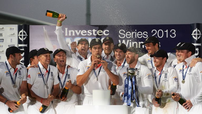 Alastair Cook leads the celebrations as England lift the urn after the fifth Ashes Test against Australia