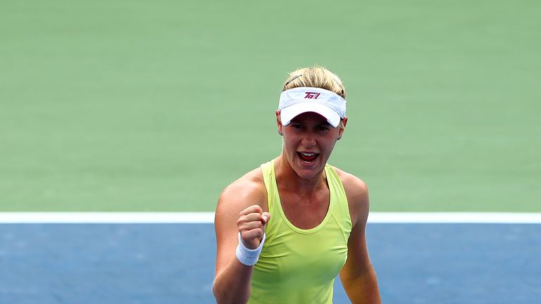 Alison Riske of the USA celebrates beating Petra Kvitova at the US Open