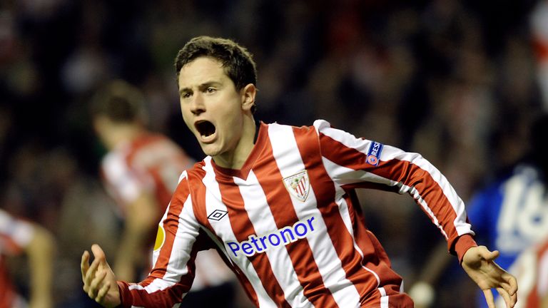 Athletic Bilbao's midfielder Ander Herrera gestures after scoring his team's first goal during the UEFA Europa League football match Athletic Bilbao vs Olympique Lyonnais at the San Mames stadium in Bilbao on November 8, 2012. 
