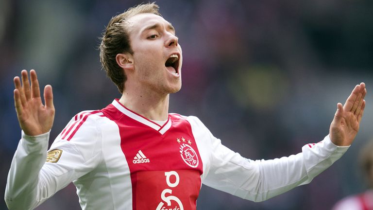 Ajax Amsterdam player Christian Eriksen reacts after scoring the 4-0 goal during the Dutch Eredivisie football match against Heracles Almelo in Amsterdam, The Netherlands, on April 7, 2013. Ajax Amsterdam won 4-0.    AFP PHOTO / ANP / OLAF KRAAK     netherlands out        (Photo credit should read OLAF KRAAK/AFP/Getty Images)