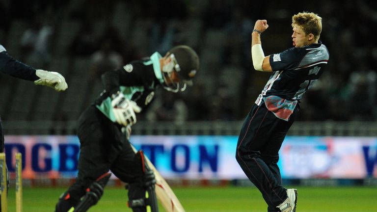 David Willey of Northants celebrates taking the wicket of Jason Roy of Surrey during the Friends Life T20 Final match between Surrey Lions v Northants Steelbacks at Edgbaston on August 17, 2013 in Birmingham, England