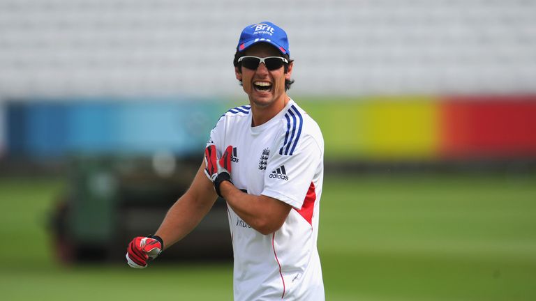   England captain Alastair Cook enjoys a joke during England practice at Emirates Durham ICG on August 7, 2013 in Chester-le-Street, England