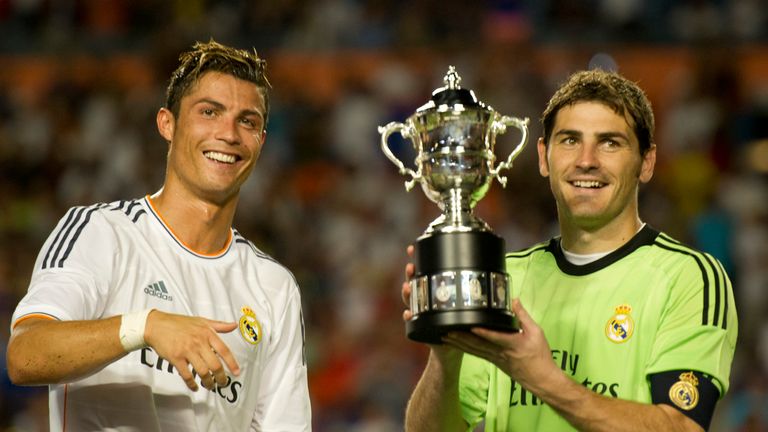 Real Madrid's Ronaldo and Iker Casillas hold their trophy after winning the 2013 International Champions Cup match between Real Madrid and Chelsea at the Sun Life stadium in Miami Gardens, Florida.
