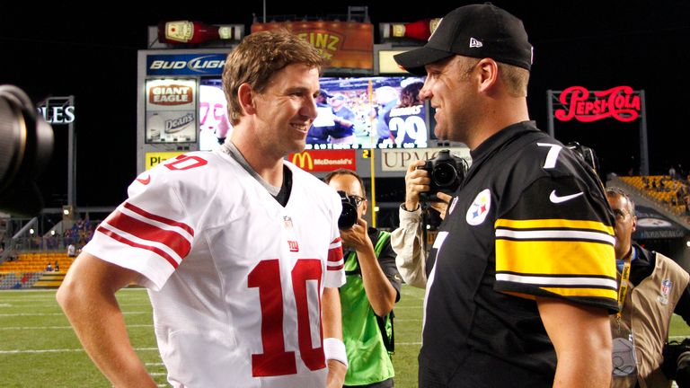 Eli Manning of the New York Giants and Ben Roethlisberger of the Pittsburgh Steelers.