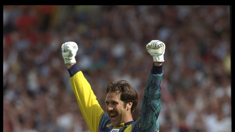 Goalkeeper David Seaman celebrates victory at the end of the England v Scotland match in Group A of the European Football Championships at Wembley. England beat Scotland 2-0.